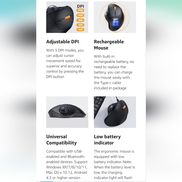 ProtoArc Wireless Trackball Mouse EM04 Ergonomic Bluetooth Rollerball Mouse - Picture 5 of 6